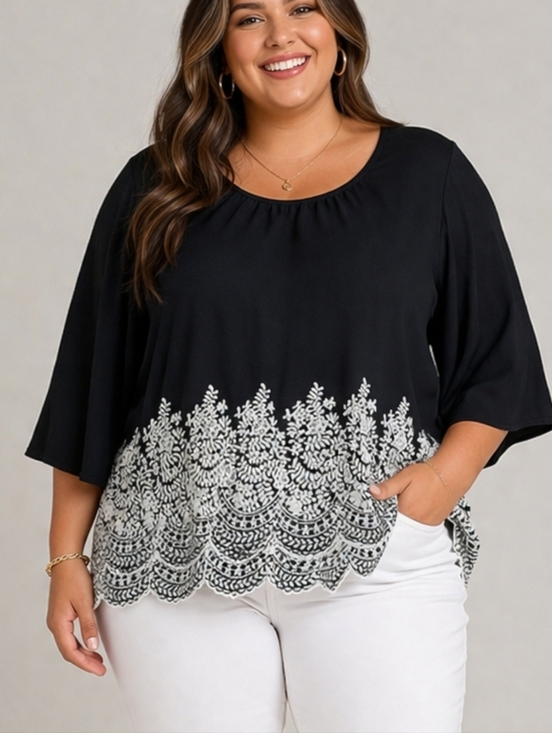 Karen Kane Tops - NEW Karen Kane BlackTunic Top Women's 3X Cream Embroidery Flare Sleeve